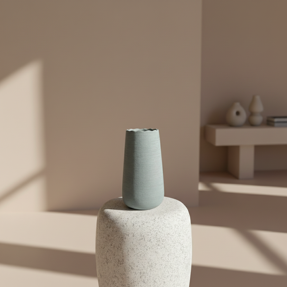 Minimalist scene with a textured vase on a plain background